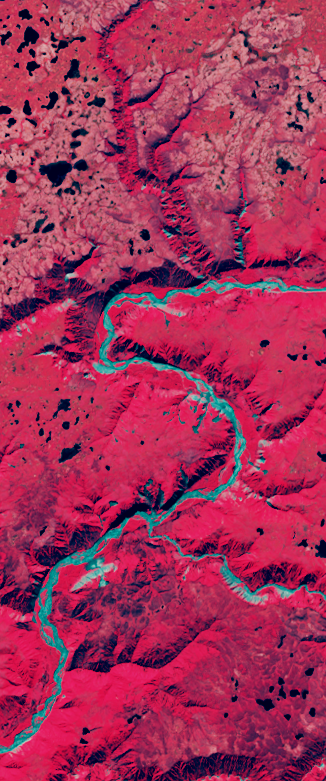 False-color Landsat satellite image showing a winding river forming the number 5.