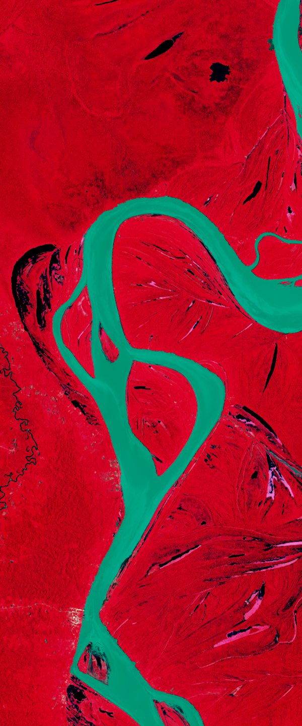 False-color Landsat satellite image showing a curvy river forming the number 6.