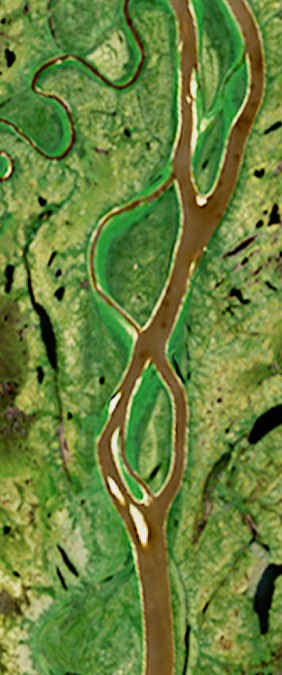 Landsat satellite image showing a split river channel forming the number 8.