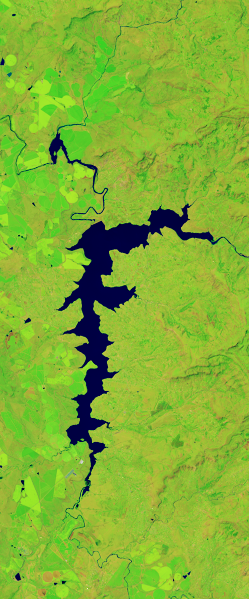False-color Landsat satellite image of a long thin lake forms the letter f.
