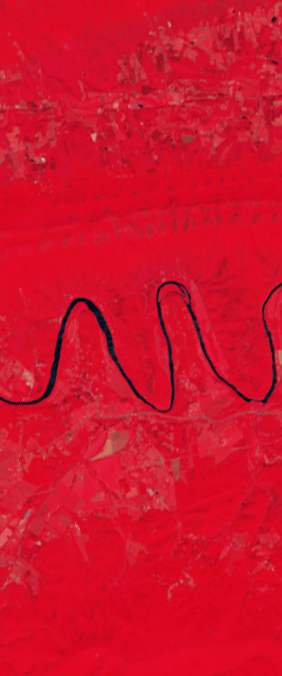 False-color Landsat satellite image showing a curvy river forming the letter m.