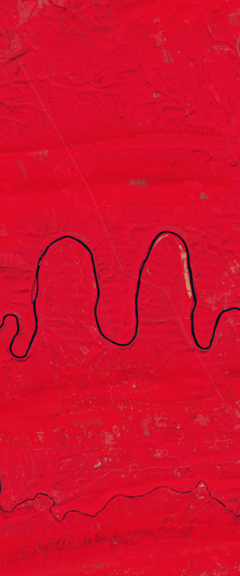 False-color Landsat satellite image showing a curvy river forming the letter m.