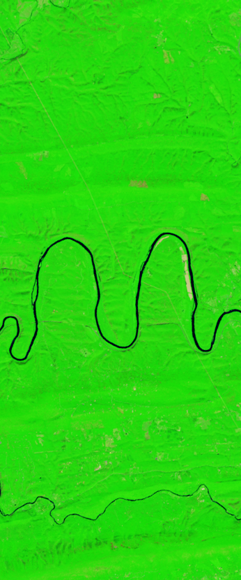 False-color Landsat satellite image showing a curvy river forming the letter m.
