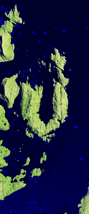 Landsat satellite image showing an island coastline forming the capital letter U surrounded by deep blue water.