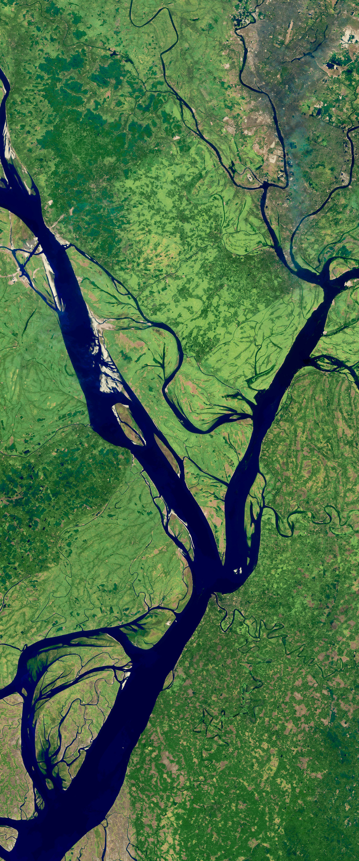 River forms the capital letter V in this Landsat satellite image.