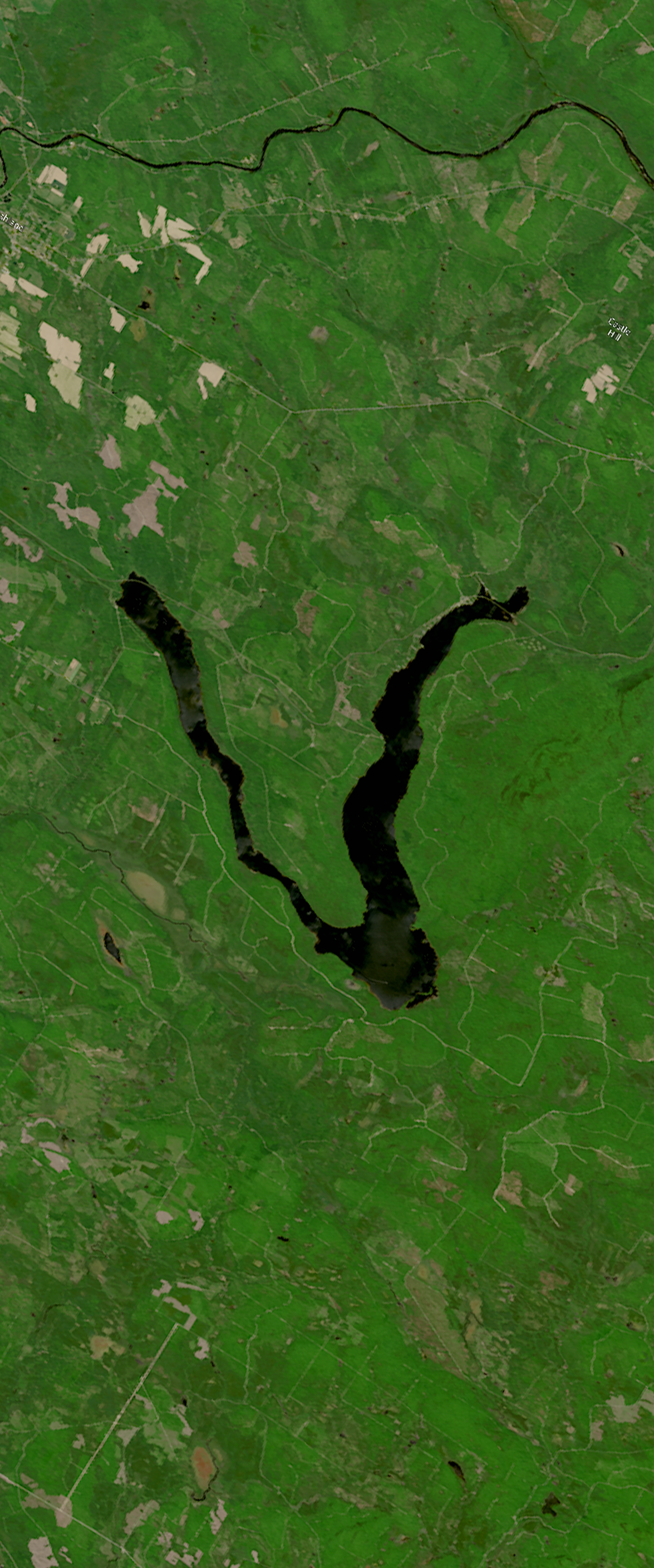 A lake forms the lower case letter V in this Landsat satellite image.