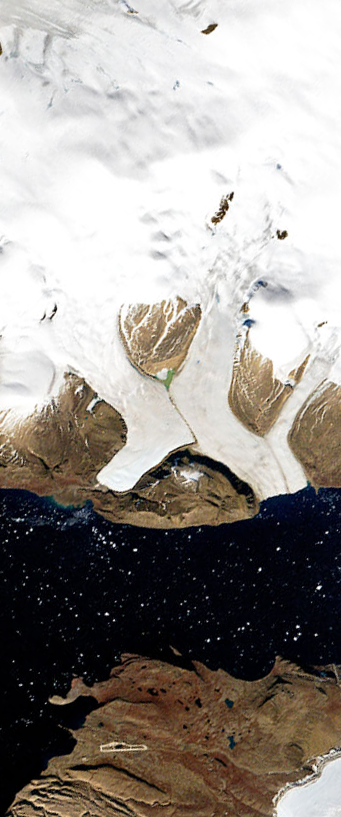 Glacier outlets form the lower case letter X in this Landsat satellite image.