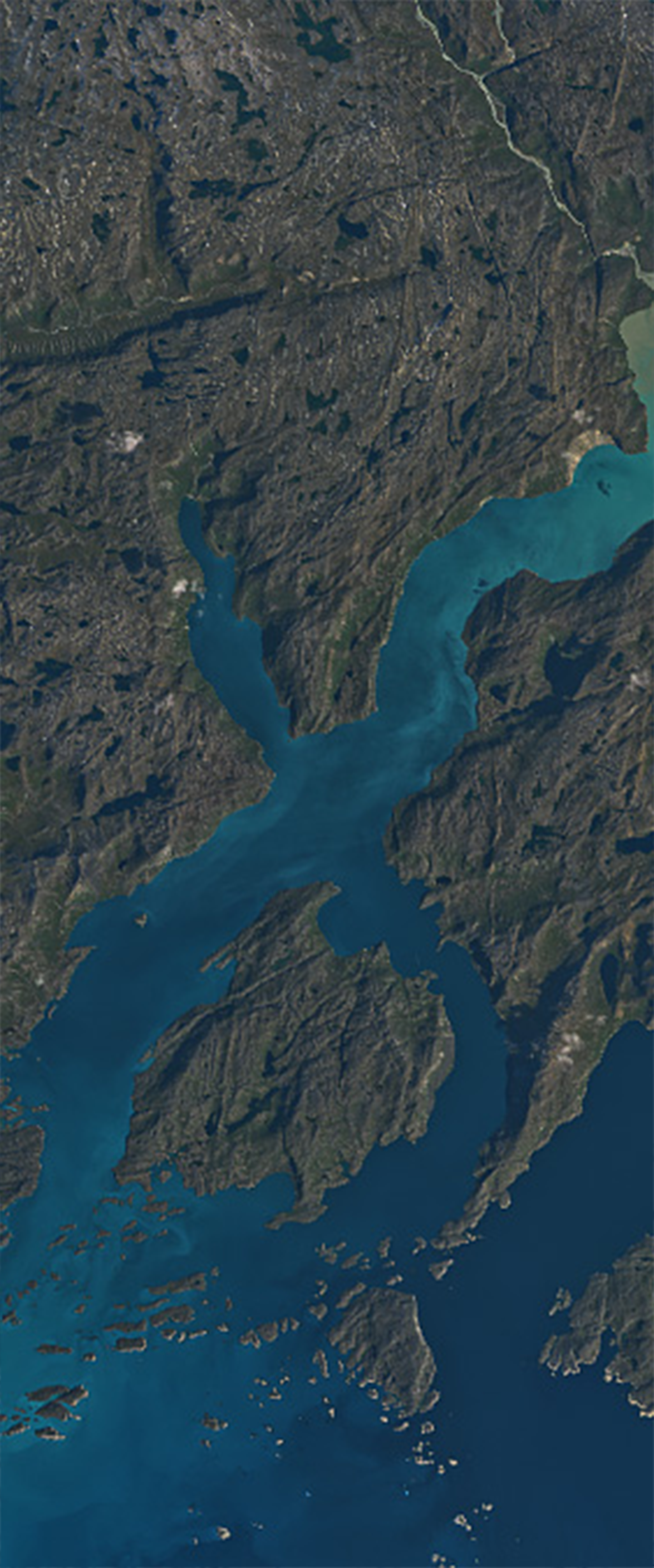 Landsat satellite image shows water inlets that form the upper case letter X.