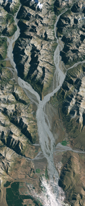 Landsat satellite image of a glacier in the form of the capital letter Y.