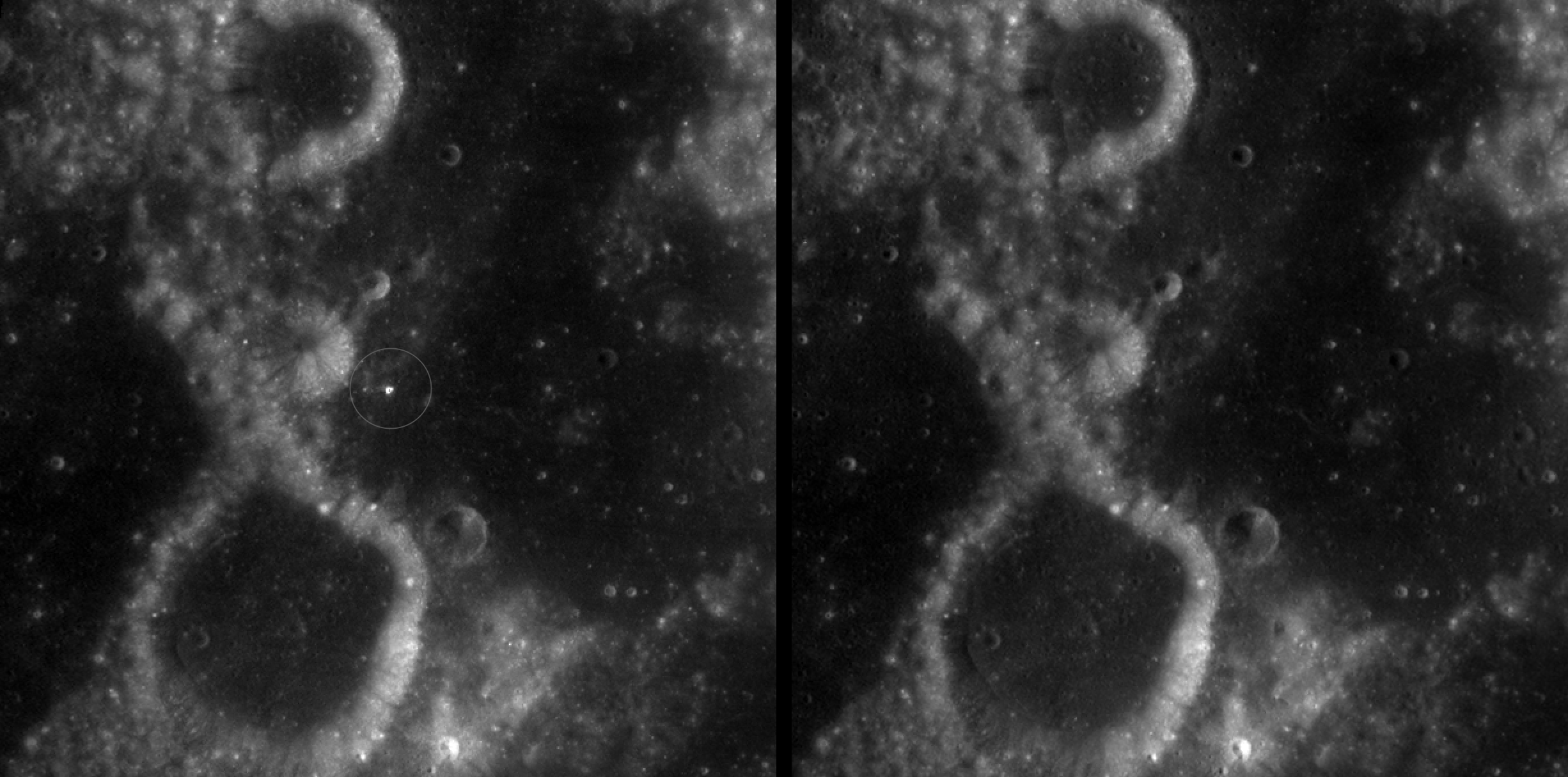 Two nearly identical black-and-white images appear side by side, separated by a vertical black line. Each shows a dark, uneven surface with scattered small circular depressions and several larger round formations with bright, raised rims. In the left image, a thin white circle marks a small, white spot near the center; there is no circled, white spot in the the corresponding area in the right image.