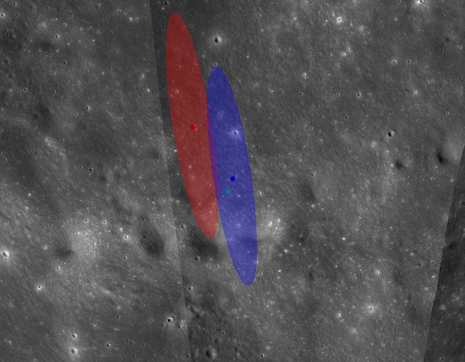 Grayscale view of a cratered surface with two overlapping, vertical translucent shapes—one red and one blue, and three small colored dots.