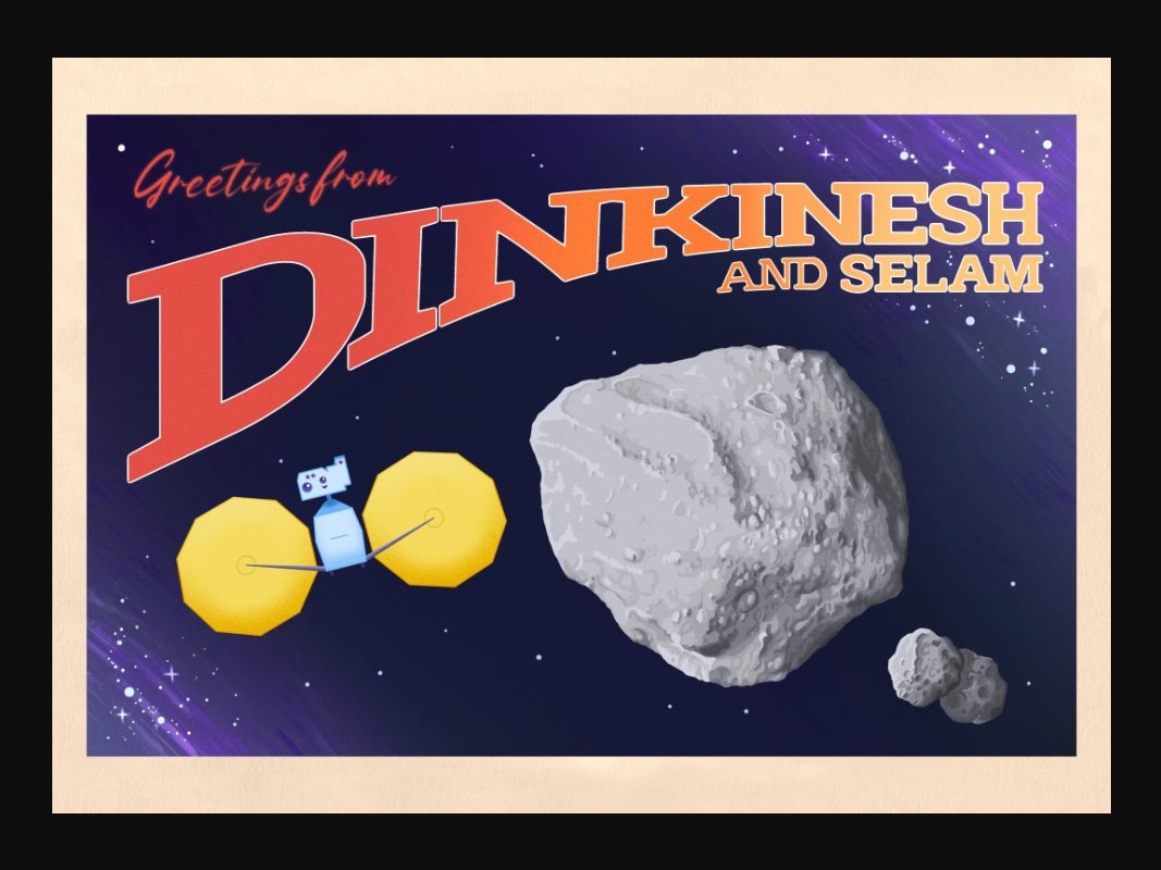 A vintage style postcard of the cartoon Lucy spacecraft flying by the asteroid Dinkinesh and it contact-binary satellite, Selam.