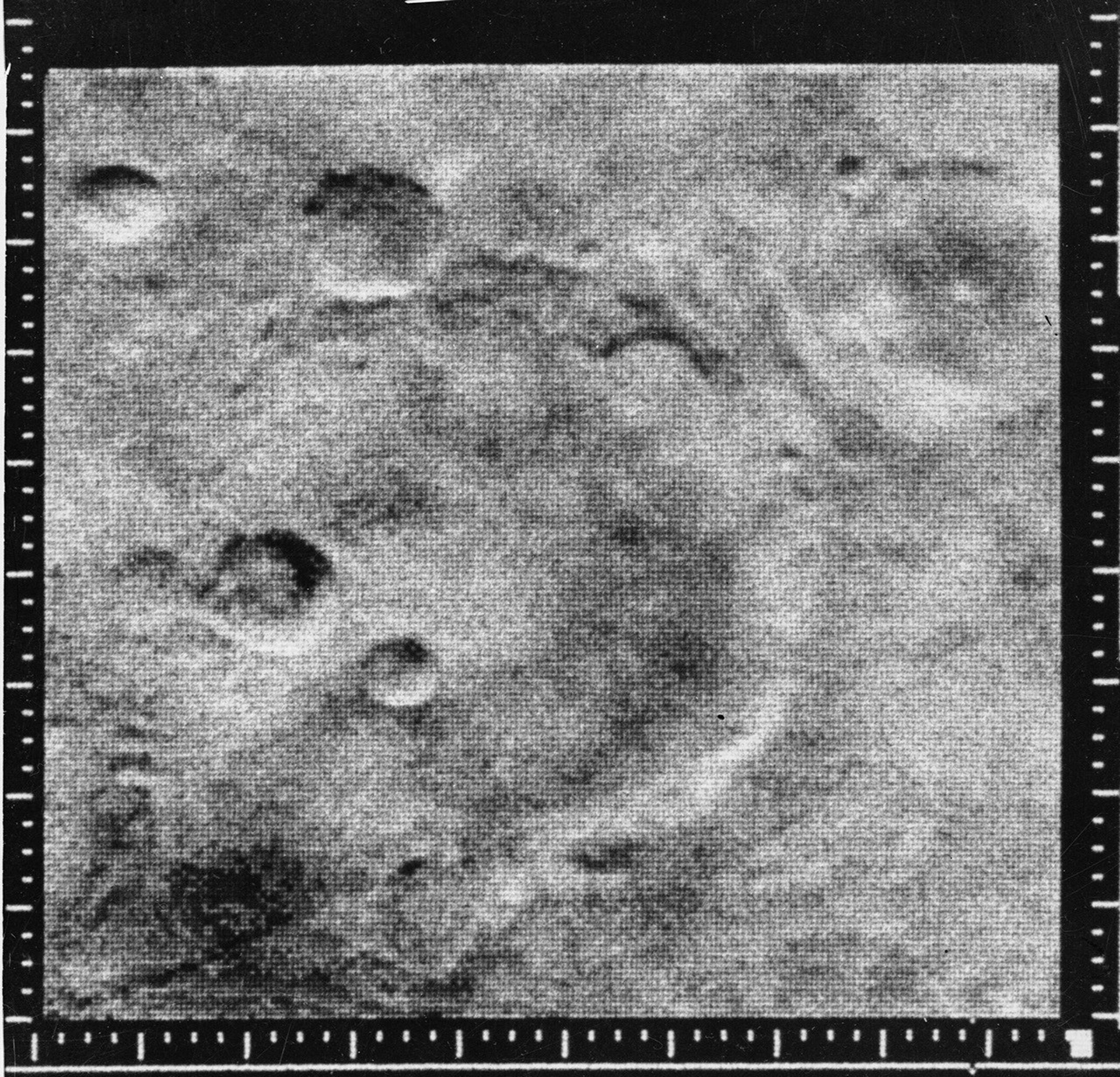 A grainy, grayscale overhead image of Mars, in medium gray, showing craters of various sizes. The largest, which fills most of the center-left of the image, has deeper, smaller raters within it.