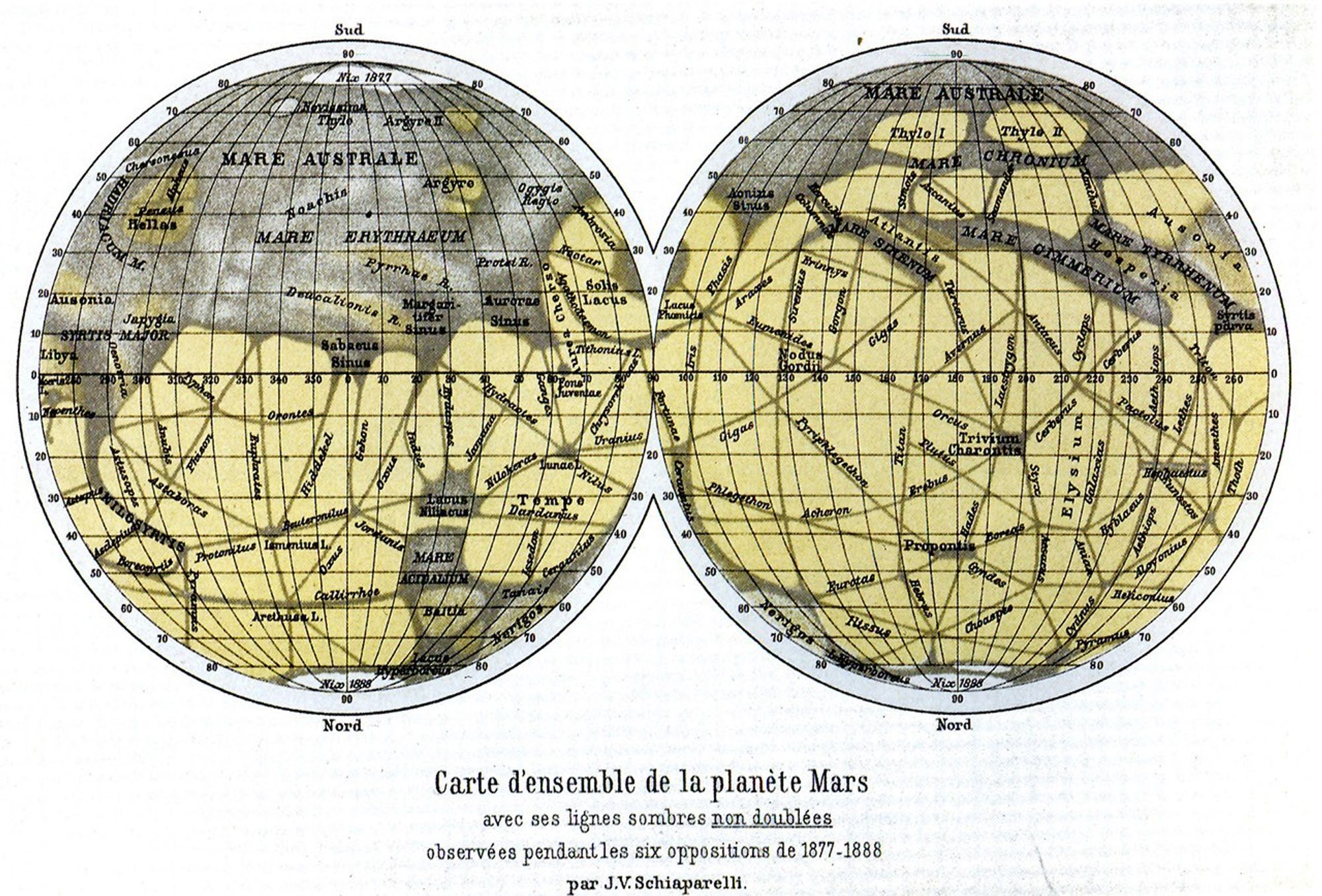 A vintage map showing two circles side-by-side — views of opposite hemispheres of Mars. The top portion of each hemisphere is dominated by a gray region, labeled "Mare Australe," interspersed with smaller yellowish areas. The lower half to two-thirds of each hemisphere is almost completely covered in these yellowish areas, which are crisscrossed with mostly straight, intersecting lines, all labeled with their own names.