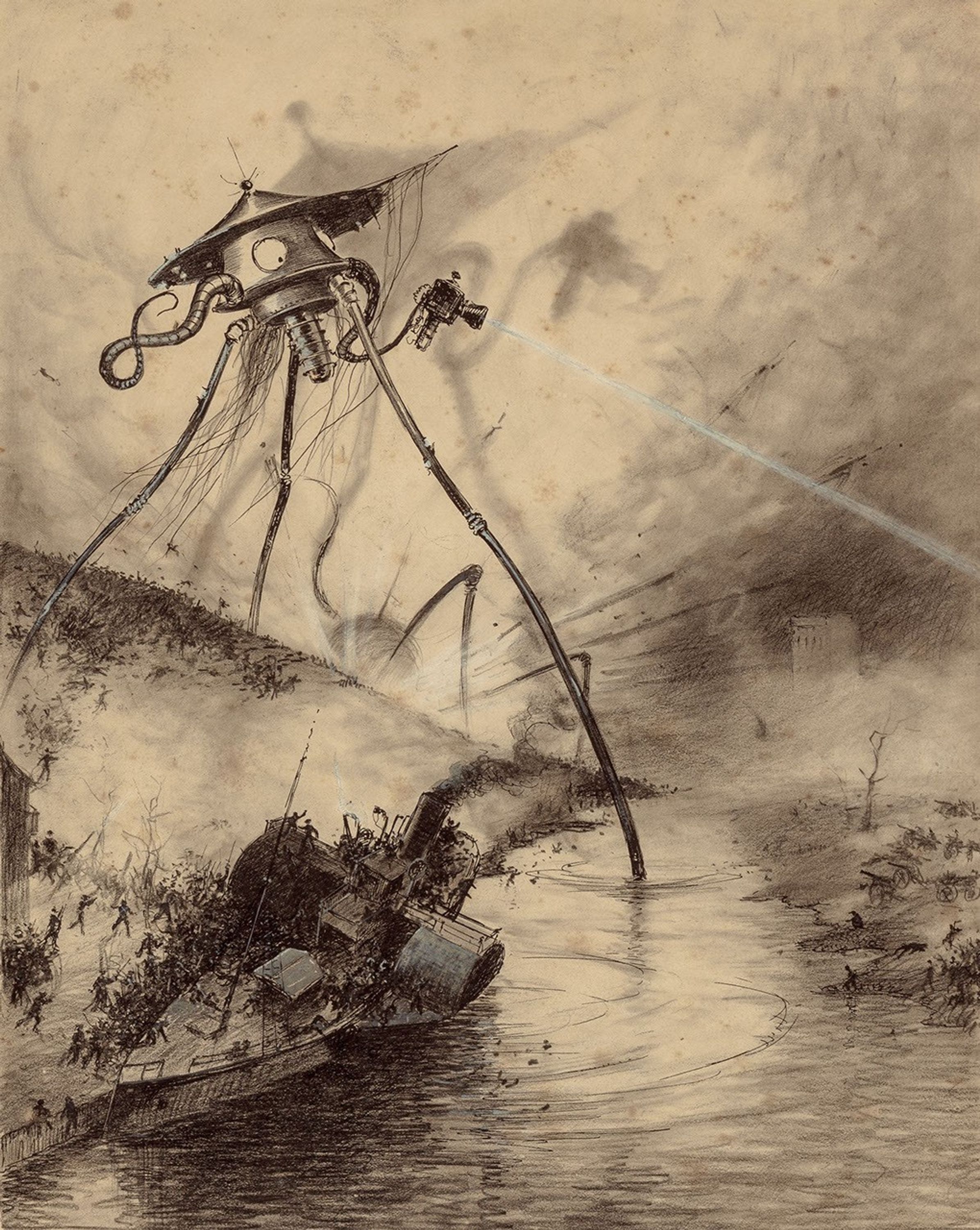 A sepia-tone illustration of an invading Martian tripod fighting machine shows a cylindrical machine with a flat, conical top, that is descending a riverbank, walking on three extremely tall, thin legs, one in the river and two on the bank. The machine is firing what appears to be a laser beam at something on the other side, beyond the right edge of the image. A large steamship is aground on the bank, underneath the tripod, with innumerable people – looking as tiny as ants – fleeing from the scene, jumping overboard, in the water, onto the land and all over the hillside.