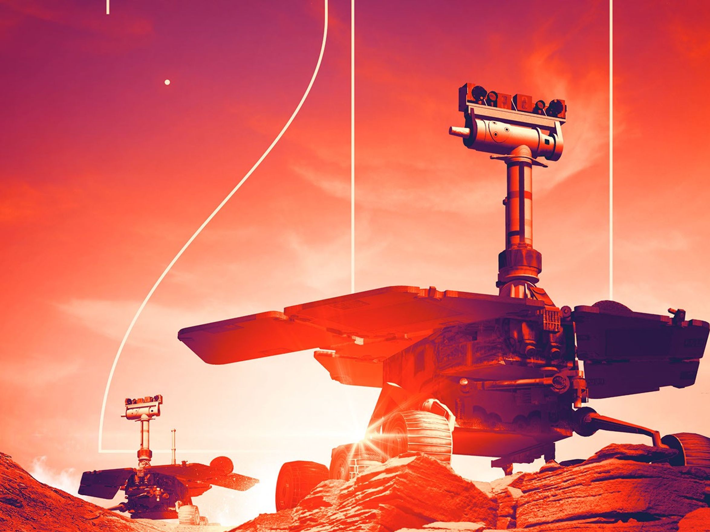 A stylistic view of a two rovers is superimposed over the number 20. The poster says "Trailblazers: Spirt and Opportunity 20th Anniversary.""