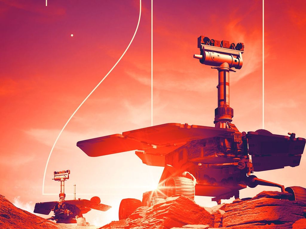 A stylistic view of a two rovers is superimposed over the number 20. The poster says "Trailblazers: Spirt and Opportunity 20th Anniversary.""
