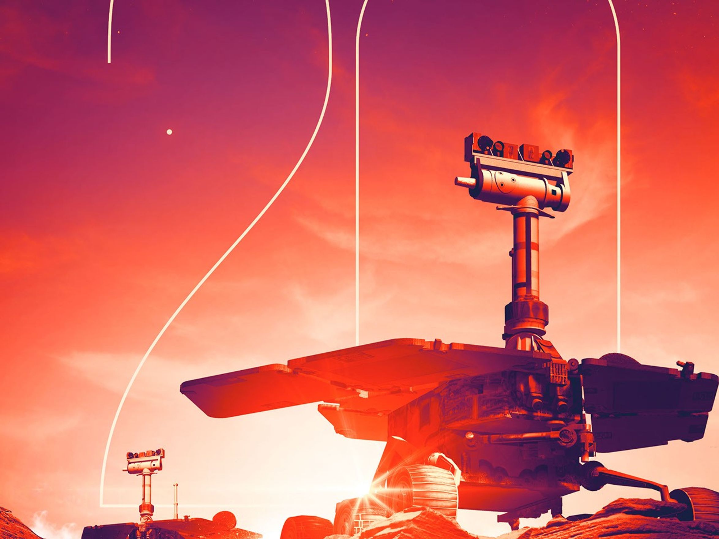 A stylistic view of a two rovers is superimposed over the number 20. The poster says "Trailblazers: Spirt and Opportunity 20th Anniversary.""