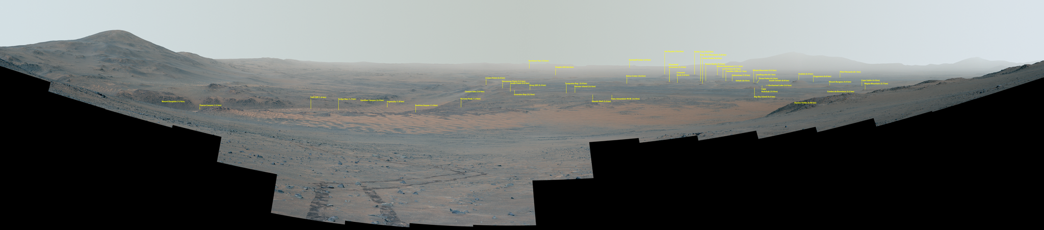Figure A is a version of the enhanced-color mosaic with annotations showing the distance (in kilometers) between the rover and nearly 50 labeled points of interest.