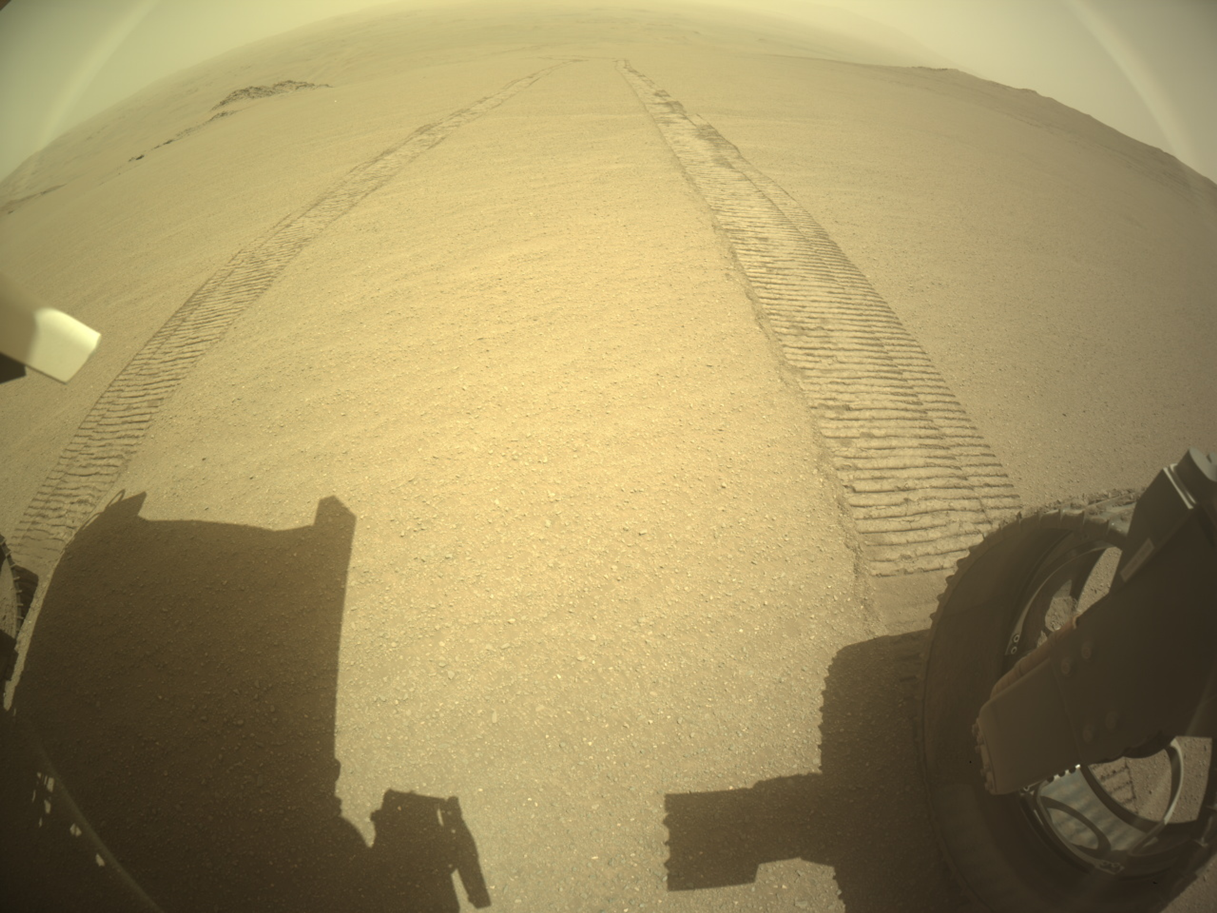 A fisheye color image of the Martian surface shows a desert-like landscape in pale orange, with a pair of rover wheel tracks starting at the bottom of the frame and extending far into the distance, converging and disappearing into the hazy horizon near the top of the image. Parts of the Perseverance rover – and the shadows they cast on the ground – are visible at the bottom corners of the frame, including the wheel that made the right-hand set of tracks.