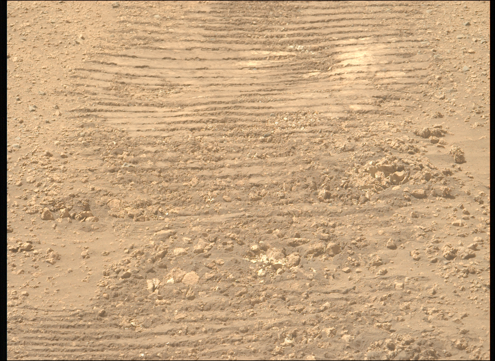 A color photograph from the Martian surface shows a close-up of flat, pale tan-orange terrain, with scattered small bits of gravel, and a rover wheel imprint running from the top of the frame to the bottom. The track shows as a series of thin, horizontal, parallel indentations in the ground, each one about two-thirds the width of the frame, running in a gentle S-curve.