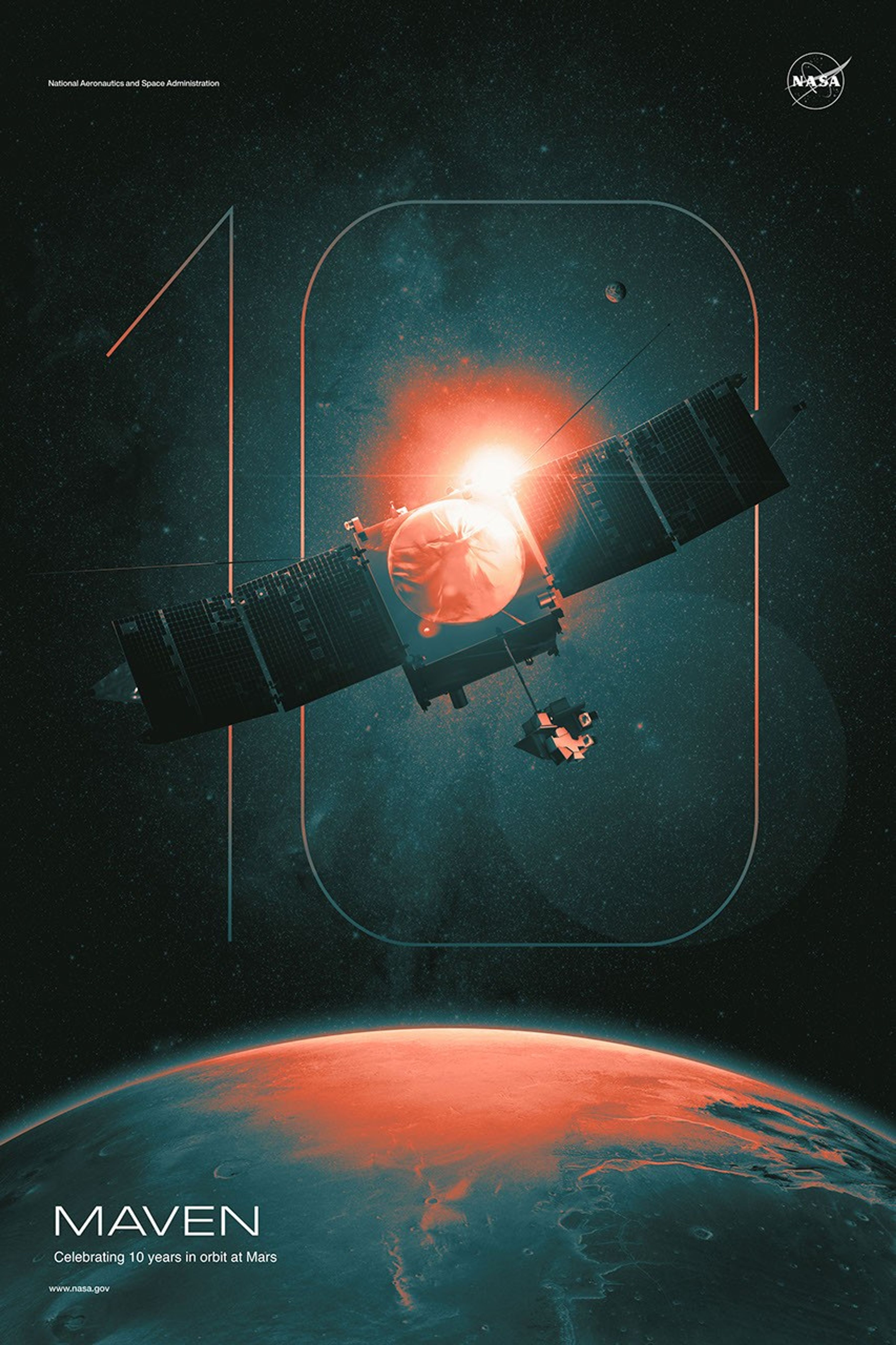 A stylistic view of a spacecraft in space is superimposed over the number 10. The poster says "MAVEN: Celebrating 10 years in Orbit at Mars"
