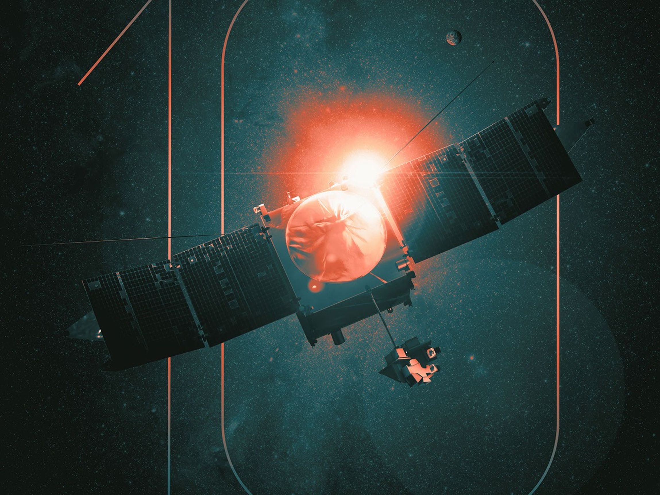 A stylistic view of a spacecraft in space is superimposed over the number 10. The poster says "MAVEN: Celebrating 10 years in Orbit at Mars"
