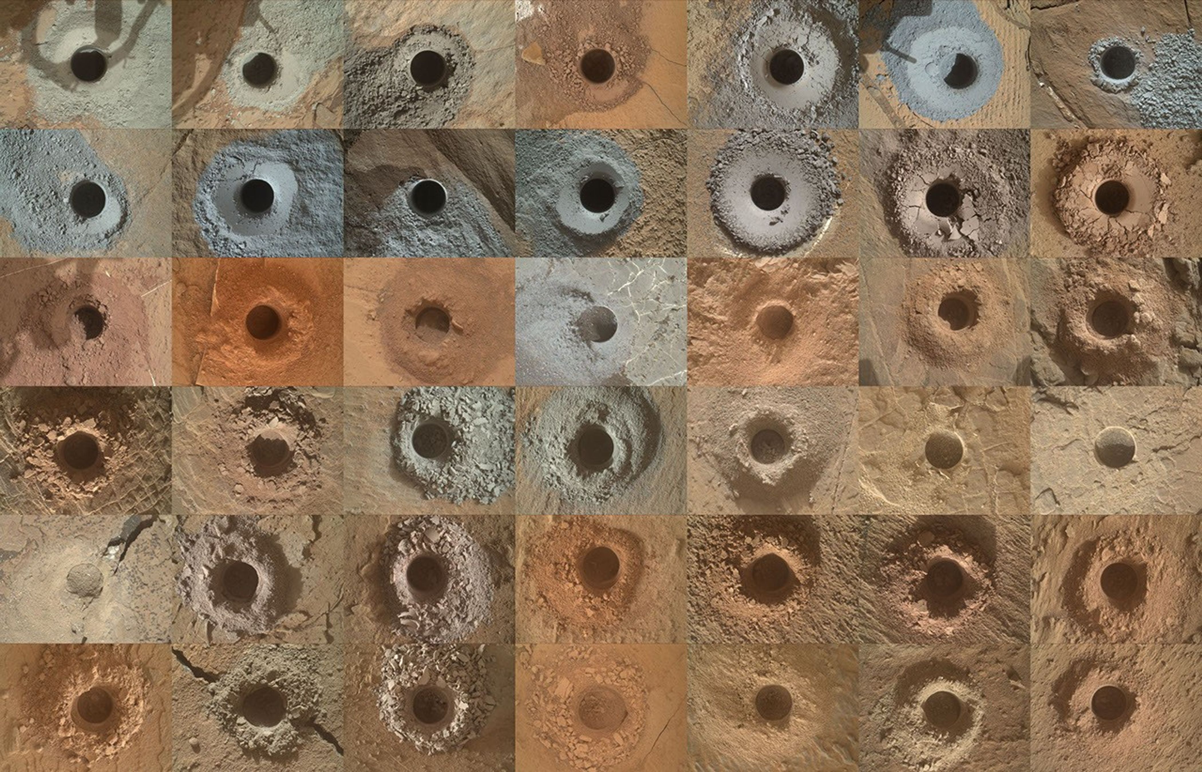 NASA's Curiosity Mars rover has collected 42 powderized rock samples with the drill on the end of its robotic arm. This grid shows all 42 holes made by the drill when collecting the samples.