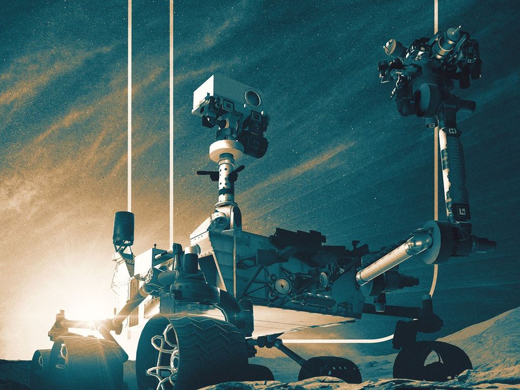 A stylistic view of a Mars rovers is superimposed over the number 20. The poster says "Curiosity: 0th Anniversary.""