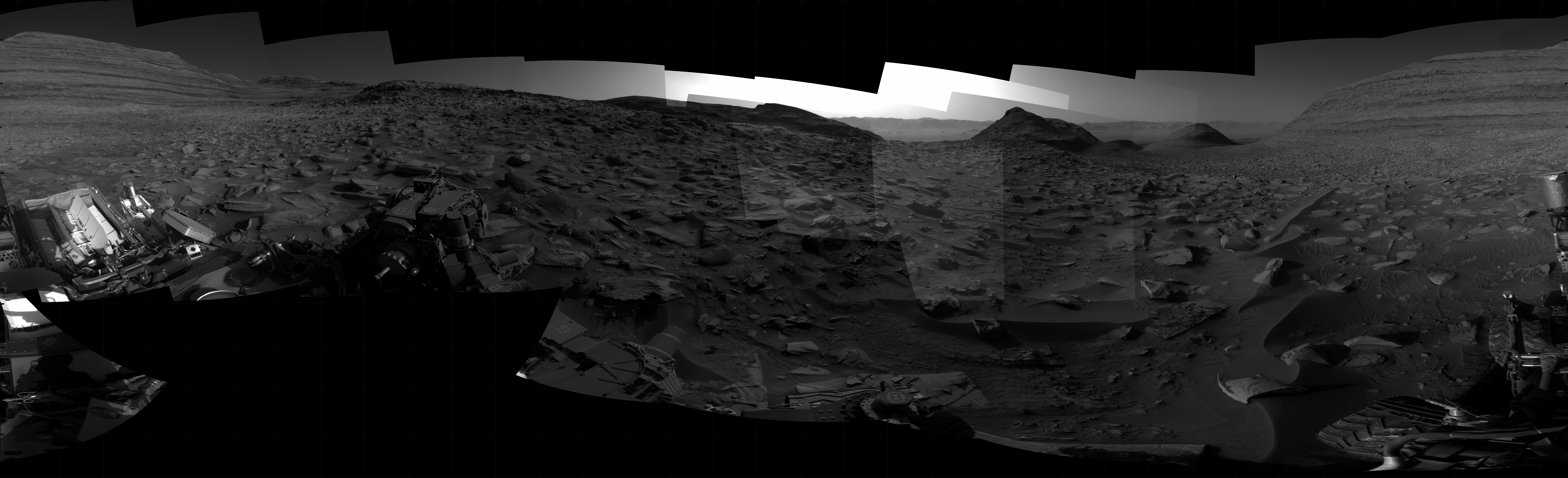 Projection Zoom inZoom inZoom outZoom outGo homeGo homeToggle full pageToggle full page April 04, 2025  NASA's Mars rover Curiosity took 31 images in Gale Crater using its mast-mounted Right Navigation Camera (Navcam) to create this mosaic.