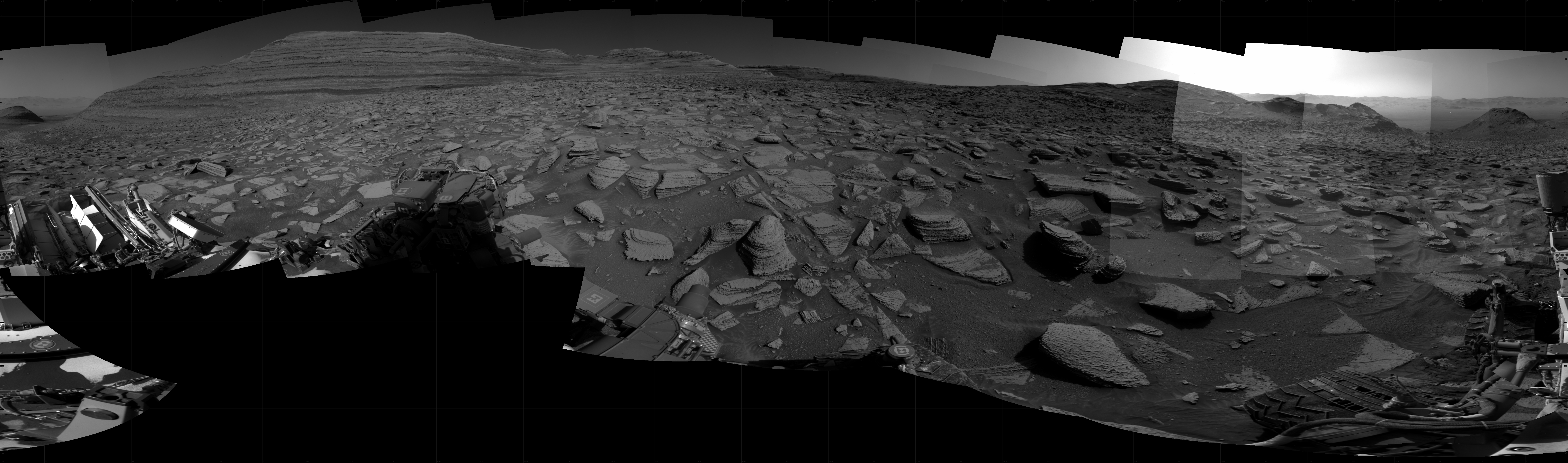 The seam-corrected mosaic provides a 360-degree cylindrical projection panorama of the Martian surface