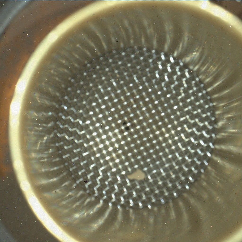 A tight close-up view looking down into a circular instrument opening on the Curiosity Mars rover. The interior features a gold-toned, smooth metallic funnel that slopes inward, ending in a fine, woven silver-colored wire mesh screen with a regular square grid pattern. Bright, radial light reflections streak down the inner walls of the funnel toward the center. Resting on the surface of the mesh screen are a few tiny dark specks and one small, light-colored, irregularly shaped grain of material.