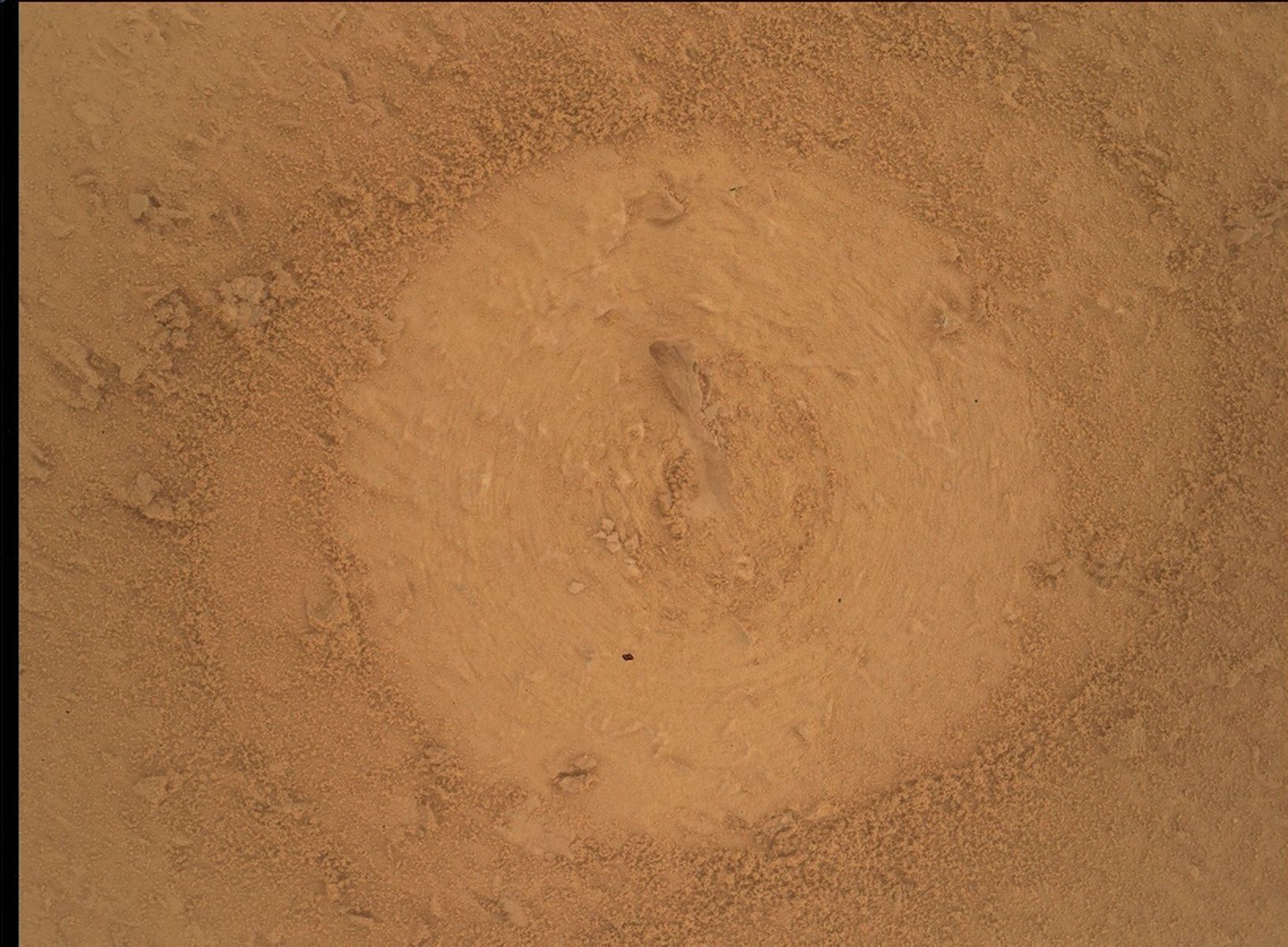 A close-up, overhead view of reddish-brown Martian soil taken by the Curiosity rover. In the center is a distinct, circular area where the top layer of rough soil has been smoothed or brushed away, leaving faint concentric ring marks. A small, elongated rock fragment is embedded in the very center of this circular patch. The brushed circle contrasts with the surrounding undisturbed surface, which is covered in loose, coarse sand and small, crumbly pebbles.