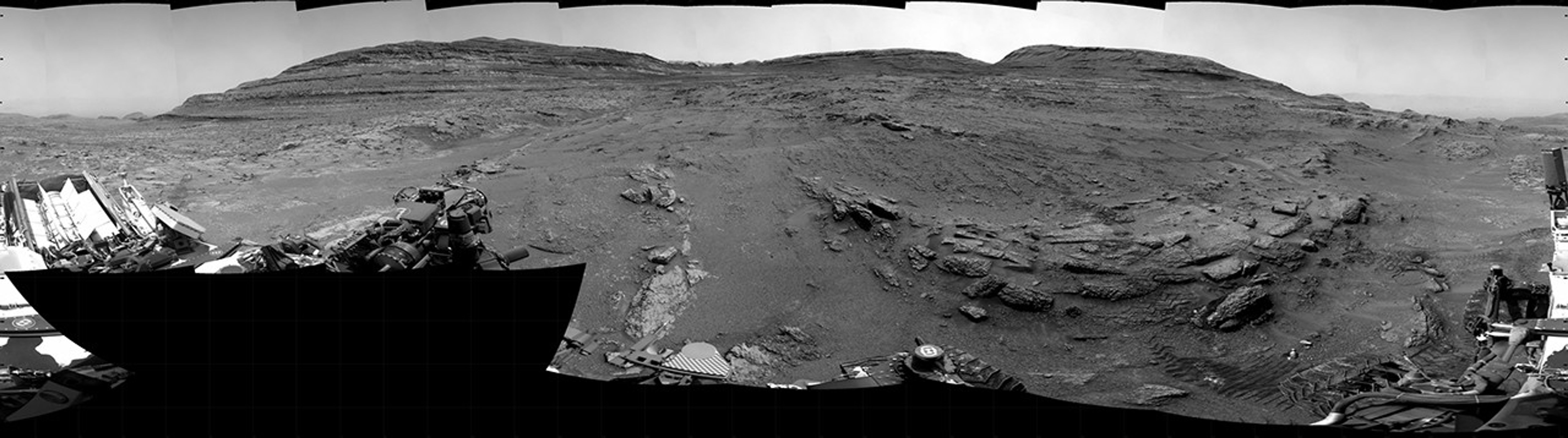 NASA's Mars rover Curiosity took 31 images in Gale Crater using its mast-mounted Right Navigation Camera (Navcam) to create this mosaic. The seam-corrected mosaic provides a 360-degree cylindrical projection panorama of the Martian surface centered at 172 degrees azimuth (measured clockwise from north). Curiosity took the images on March 02, 2026, Sol 4823 of the Mars Science Laboratory mission at drive 2192, site number 120. The local mean solar time for the image exposures was from 1 PM to 12 PM. Each Navcam image has a 45 degree field of view.