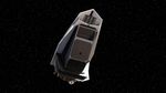 A silver, wedge-shaped spacecraft with a black telescope on the front, hovers against the darkness of space.