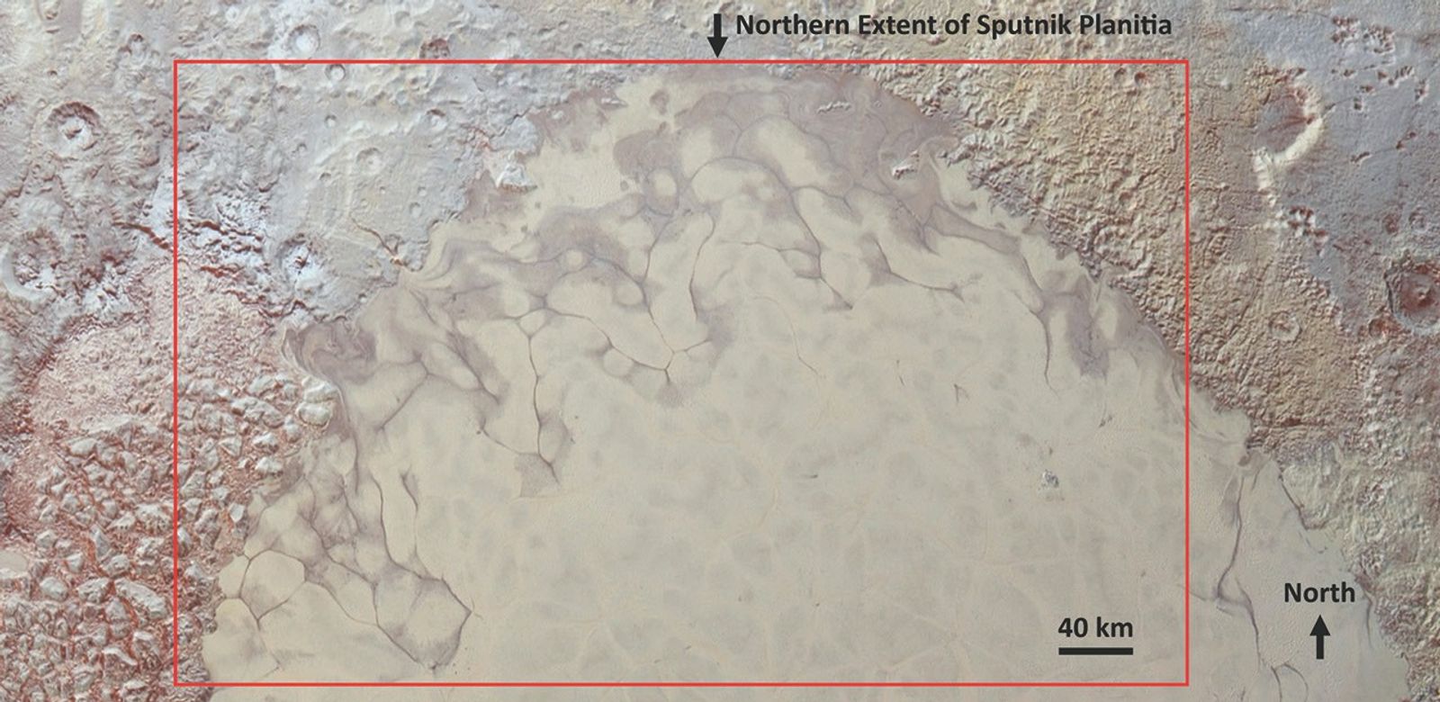A yellow and orange mosaic of northern Pluto showing the smooth nitrogen plain of Sputnik Planitia breaking into higher terrain, with a red box marking dark patches where liquid nitrogen appears to have wetted the surface