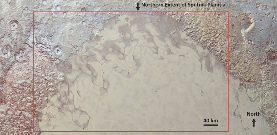 A yellow and orange view of northern Pluto showing a plain turning into higher elevation features. A red box around dark wet spots indicates liquid nitrogen flows.