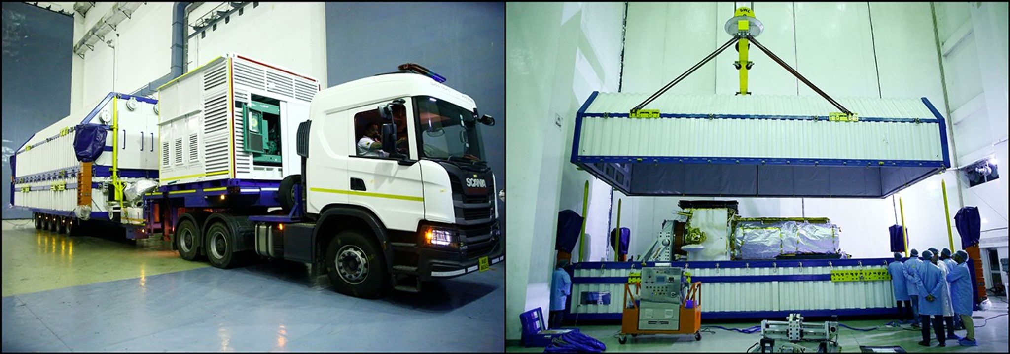A two-panel image showing the NISAR satellite's arrival and preparation at a facility. The left panel depicts a white truck transporting a large, long white and blue container into a high-bay industrial building. The right panel shows the top half of the container being lifted by an overhead crane, revealing the NISAR satellite stowed below it. Several technicians in blue cleanroom suits and caps are observing the operation.