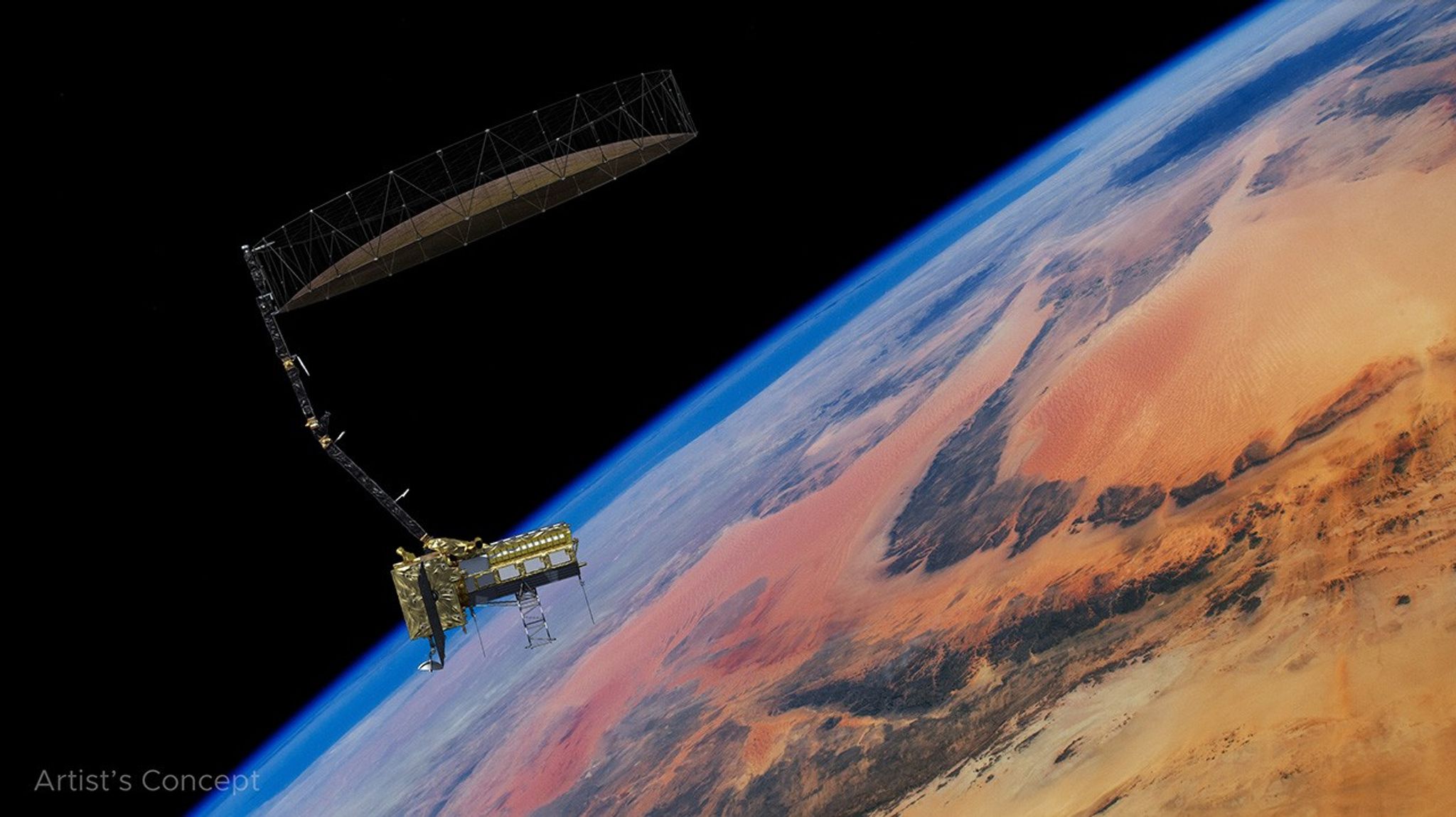 An artist's rendering of the NISAR satellite in orbit above Earth. The spacecraft is positioned on the left against the blackness of space, with its large, mesh-like radar antenna unfurled on a long boom. Below and to the right, the curve of the Earth reveals a vast, reddish-orange desert landscape under a thin blue atmosphere.