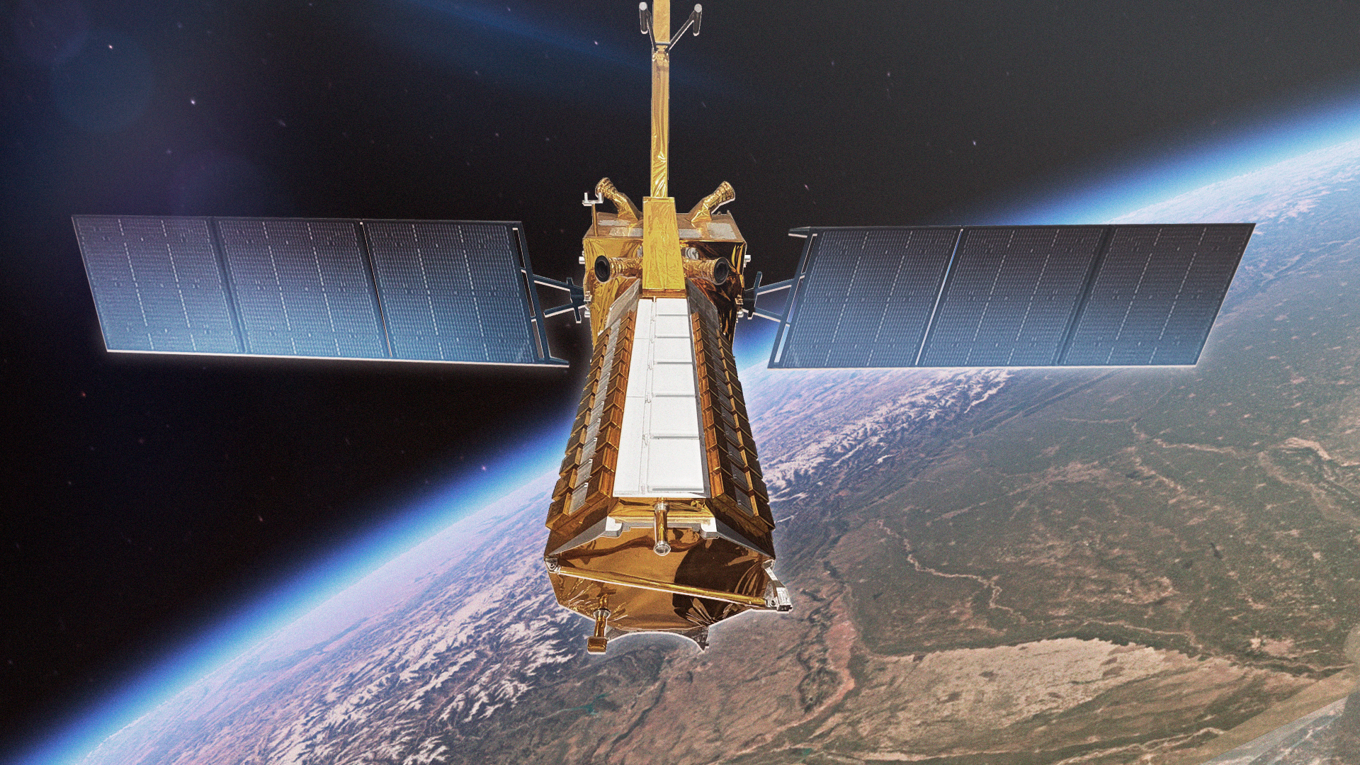 An artist's rendering of the NISAR satellite in orbit around Earth. The satellite, which has a gold-colored body and two large, wing-like solar panels, is shown against the blackness of space. Below, the curve of the Earth is visible, with brownish landmasses and the planet's thin, glowing blue atmosphere.