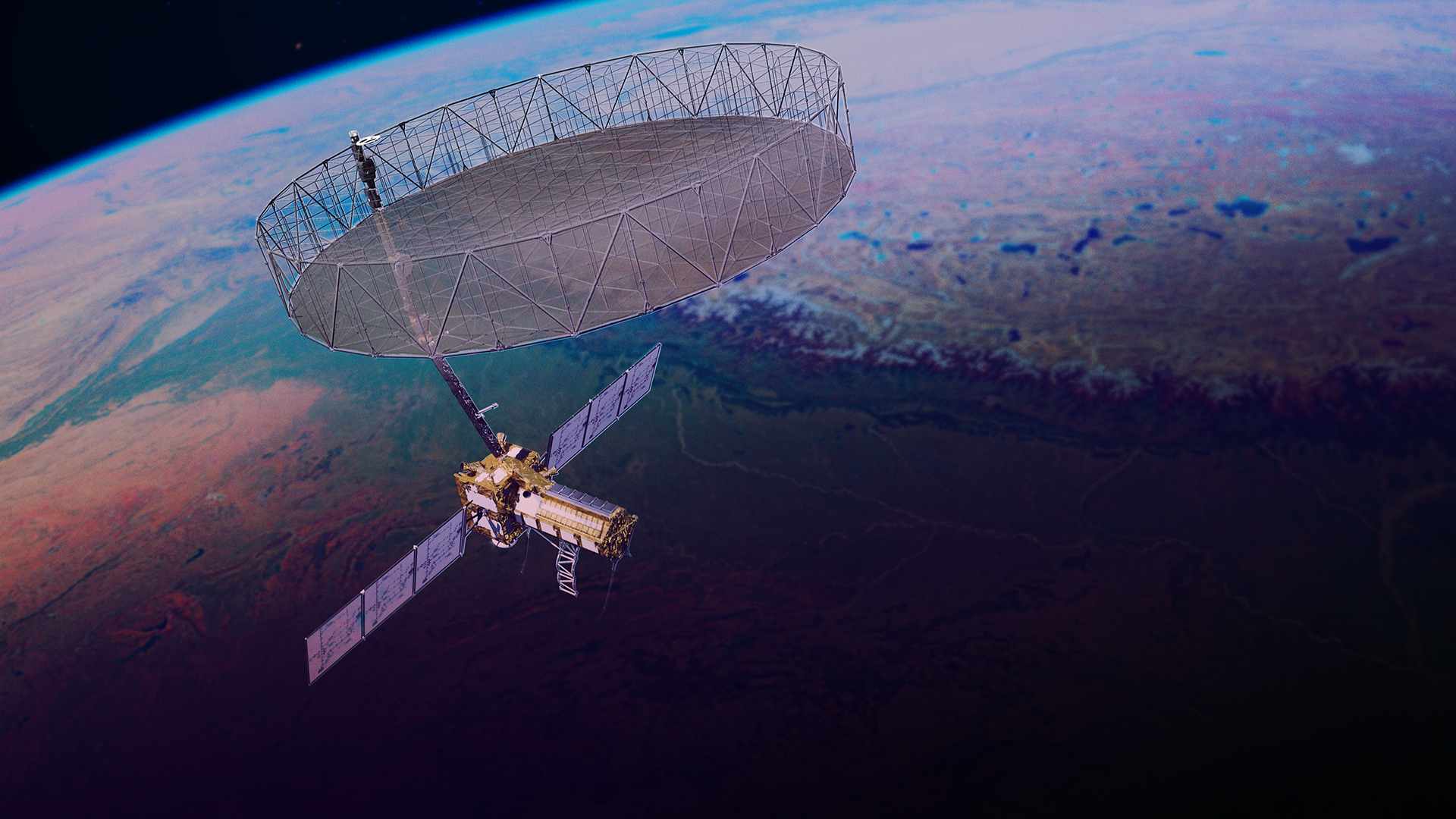 An artist's rendering of the NISAR satellite in orbit with its large reflector antenna fully deployed. A long boom connects the main satellite body, which has solar panels, to the massive, circular, fine-mesh antenna. The satellite is pictured high above the curved horizon of the Earth, which shows mountainous terrain and has a pink and purple atmospheric glow.