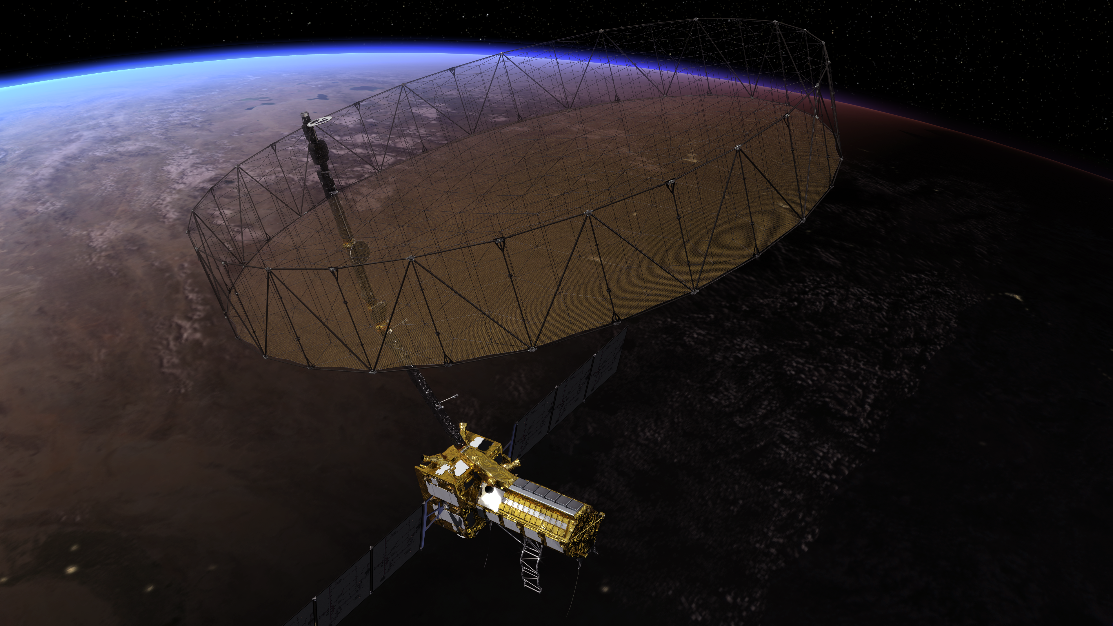 This view of NISAR in orbit shows the spacecraft from above, with the expanse of Earth's surface covering the background of the image. NISAR's antenna reflector is deployed, forming a large disc above the spacecraft.
