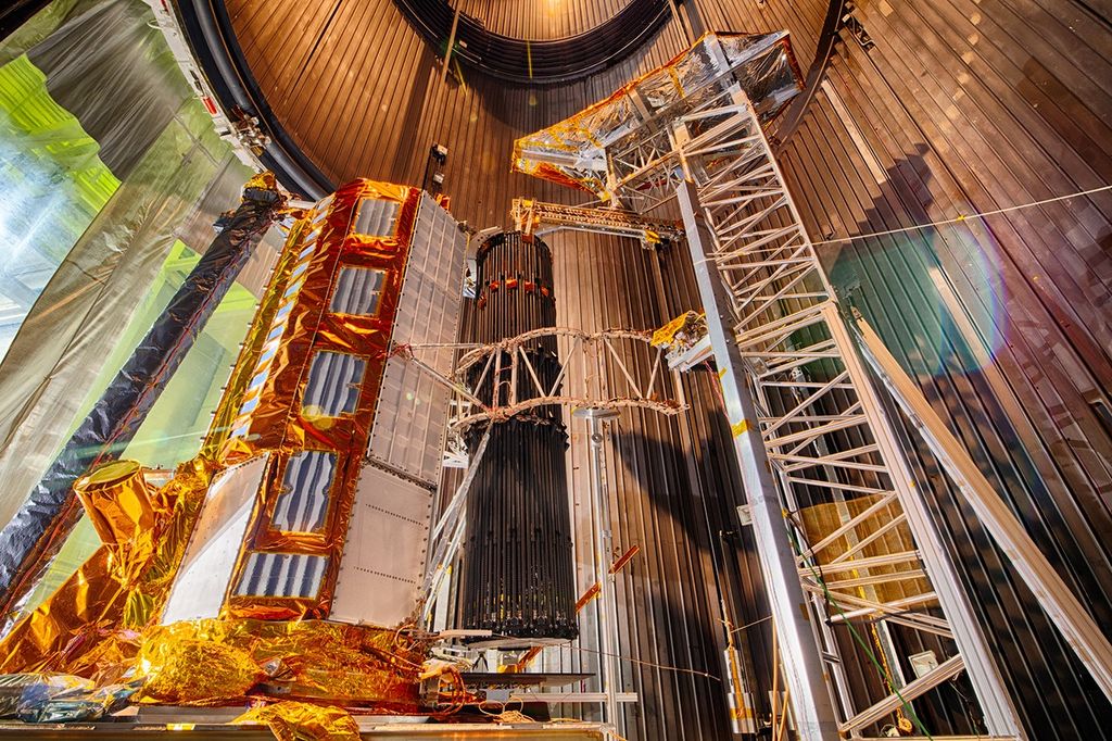 A close up view of the NISAR flight antenna system inside the thermal vacuum chamber at NASA's Jet Propulsion Laboratory