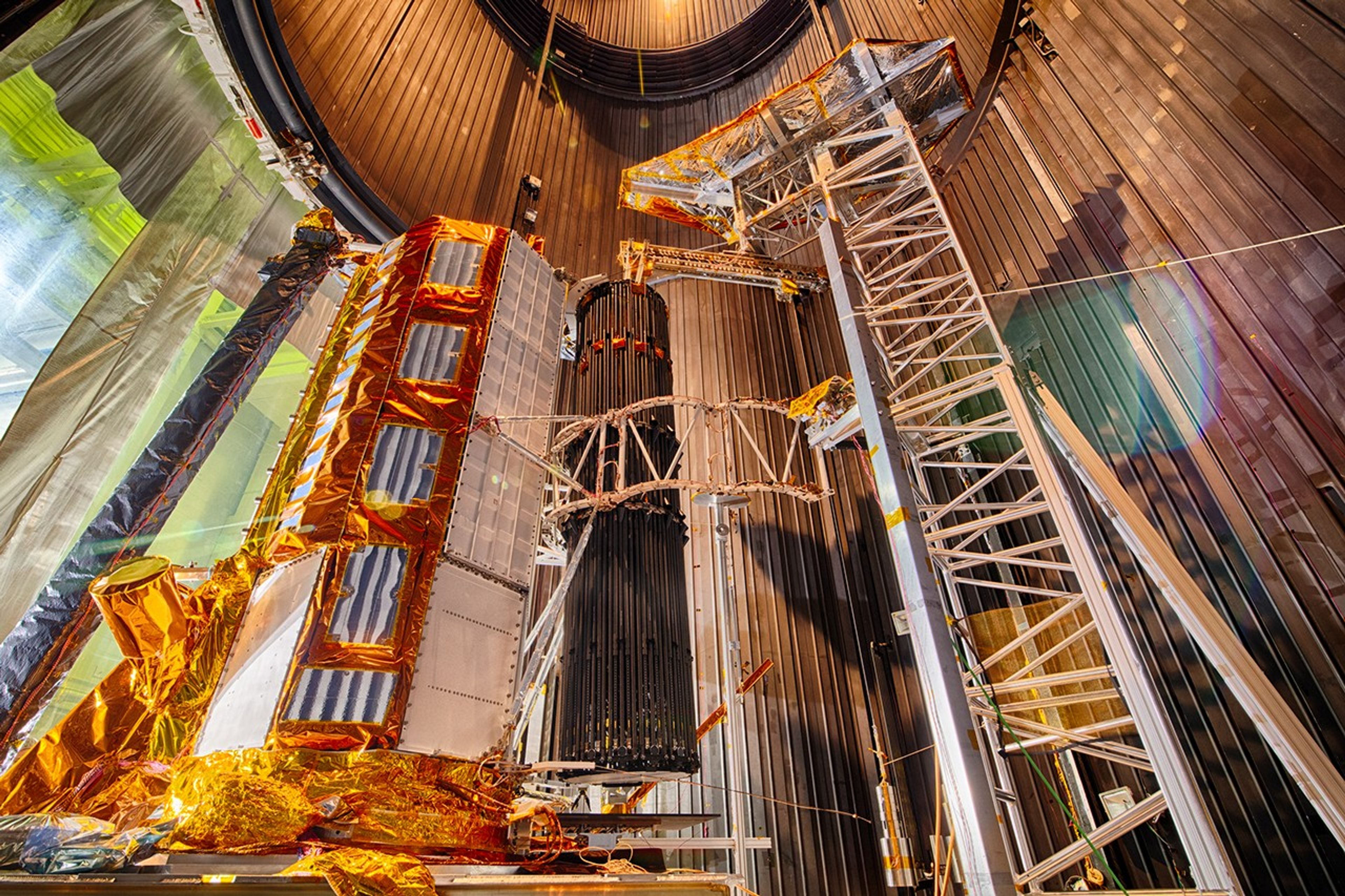 A close up view of the NISAR flight antenna system inside the thermal vacuum chamber at NASA's Jet Propulsion Laboratory