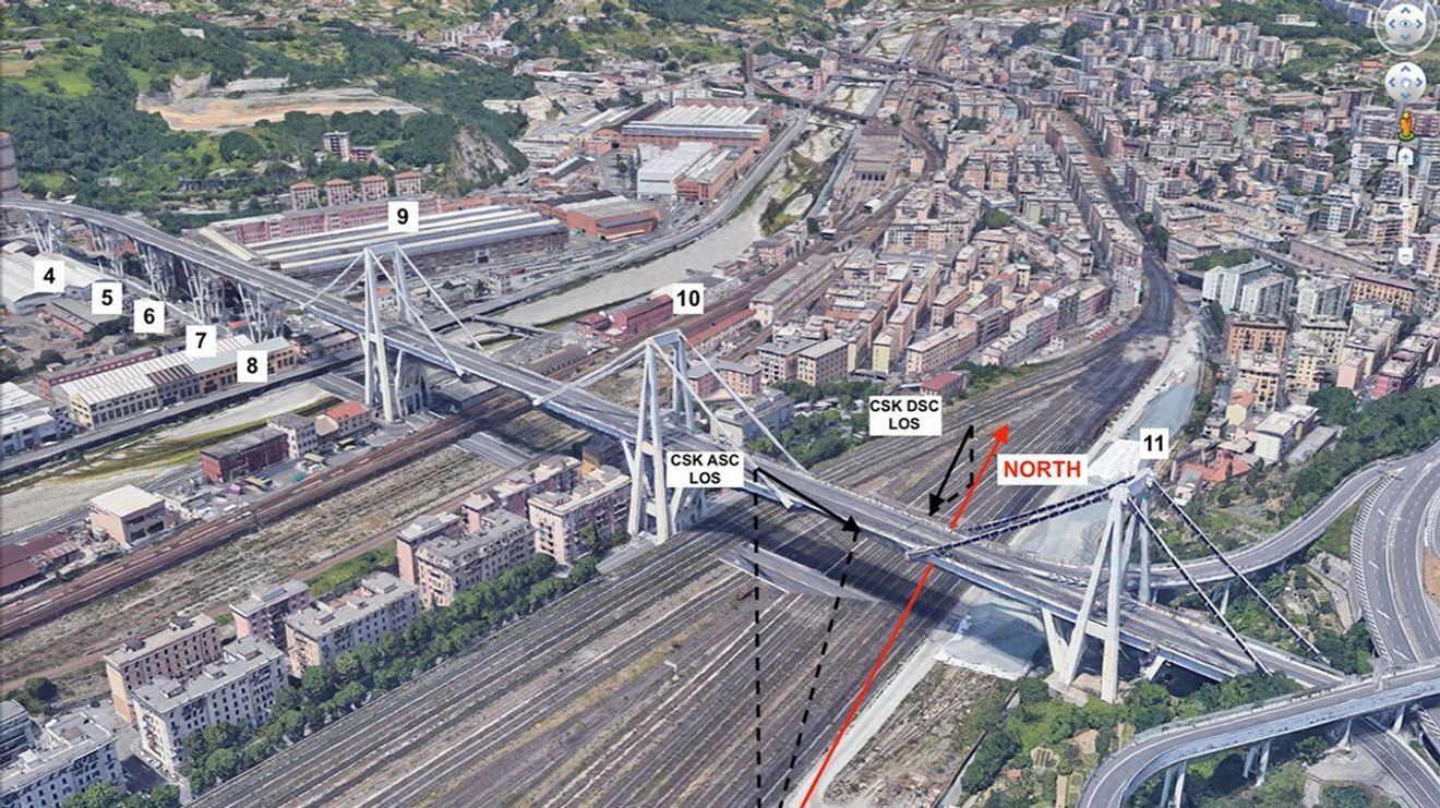 A satellite view of the Morandi Bridge in Genoa, Italy, prior to its August 2018 collapse. The numbers identify key bridge components. Numbers 4 through 8 correspond to the bridge's V-shaped piers (from West to East). Numbers 9 through 11 correspond to three independent balance systems on the bridge. In the annotated version, the black arrows identify areas of change based on data from the Cosmo-SkyMed satellite constellation. Credit: NASA/JPL-Caltech/Google