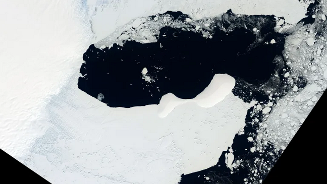 Some floating sea ice mixed with near black ocean waters along the borders of the solid ice edge, with ocean surrounding an ice peninsula toward the screen bottom.