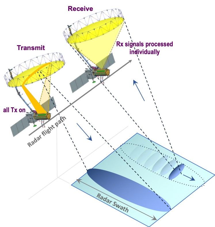 Info graphic displaying NISAR's SAR technique, demonstrating the radar transmit and receive signals relative to the radar's swath. NISAR is shown twice, demonstrating the transmission and the retrieval phase individually. A dotted line drawn from the radar antenna to a blue oblong swath on the ground demonstrates the signal.