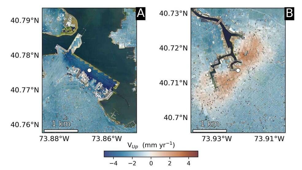 The team pinpointed hot spots: left, runway 13/31 at LaGuardia Airport in Queens, is subsiding at a rate of about 0.15 inches (3.7 millimeters) per year; right, part of Newtown Creek, a Superfund site in East Williamsburg, Brooklyn, is rising unevenly by about 0.06 inches (1.6 millimeters) per year.
