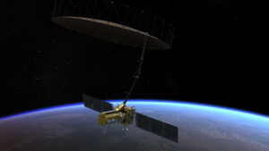 NISAR is suspended in orbit above Earth. NISAR's flight antenna system and antenna reflector are fully extended above the satellite.