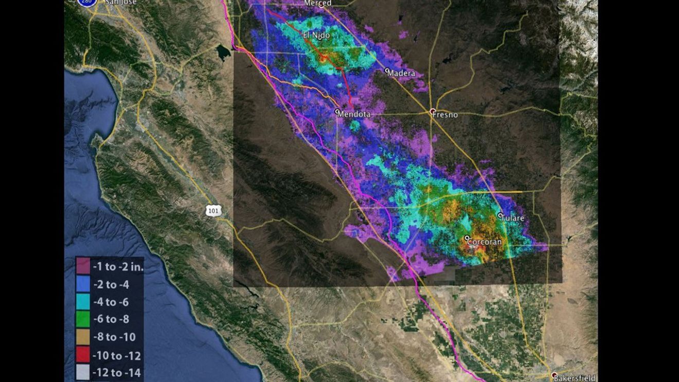 Total subsidence in California's San Joaquin Valley for the period May 3, 2014 to Jan. 22, 2015, as measured by Canada's Radarsat-2 satellite. Two large subsdicence bowls are evidence, centered on Corcoran and south of El Nido. Credit: Canadian Space Agency/NASA/JPL-Caltech